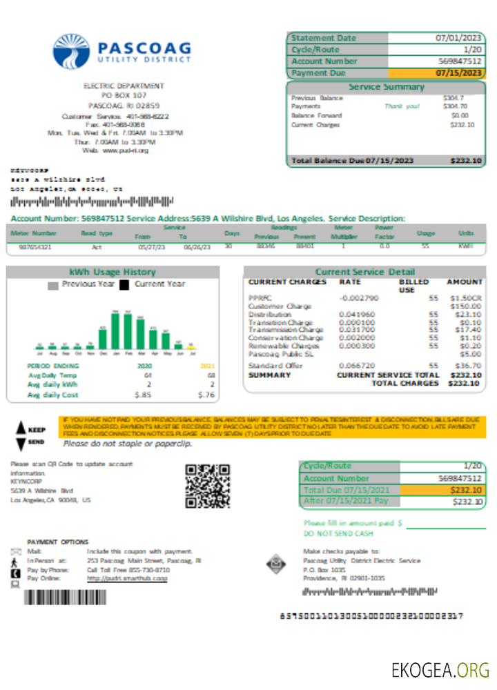 Facture commerciale de services publics du Pascoag Utility District, SCR